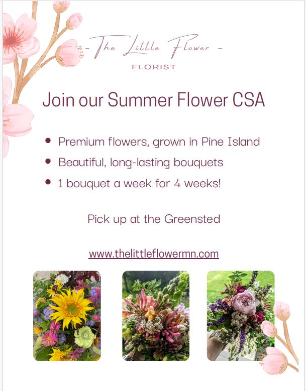 Seasonal flowers and organic produce from Little Flower Farm CSA available for pickup at The Greensted grocery store in downtown Zumbrota.